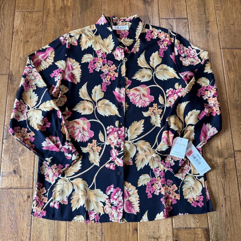 NWT Chaus Womens Button Up Blouse & Skirt Set Sz 16 Black Floral Business career - Picture 2 of 11